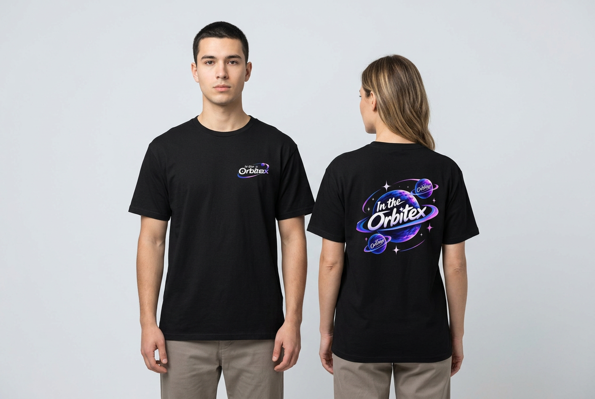 Camisetas Orbitex con un hombre joven y una mujer, sin recortar las cabezas